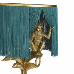 Nouvelles versions -Luminaires Soldes 2022 lampadaire en metal dore abat jour a franges bleu canard et singe en resine dore h144 1000 5 15 226581 2