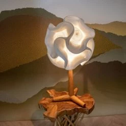 Nouvelles versions -Luminaires Soldes 2022 lampe a poser en zipper ivoire pied en teck h64 1