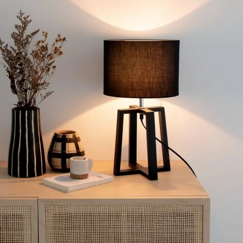 Maisons Du Monde Lampes à Poser Lampe En Bois D'hévéa Et Abat-jour En Coton Noir 5 Maisons Du Monde Lampes à Poser Lampe En Bois D'hévéa Et Abat-jour En Coton Noir – Image 3