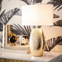 Nouvelles versions -Luminaires Soldes 2022 lampe en ceramique doree et abat jour en coton blanc 1000 8 26 211012 2