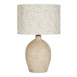 Maisons Du Monde Lampes à Poser Lampe En Terre Cuite Sculptée, Bois De Manguier Et Abat-jour En Lin Imprimé