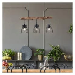 Nouvelles versions -Luminaires Soldes 2022 suspension 3 lampes en bois d eucalyptus et metal noir 1