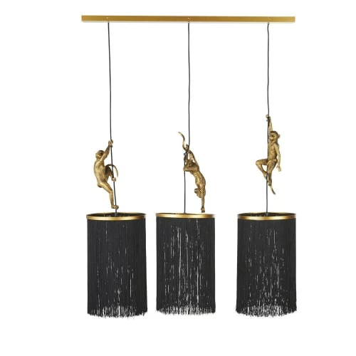 Maisons Du Monde Suspensions Suspension En Métal Doré Et 3 Abat-jours En Franges Noir Ornés De Sculptures De Singes D98 3 Maisons Du Monde Suspensions Suspension En Métal Doré Et 3 Abat-jours En Franges Noir Ornés De Sculptures De Singes D98